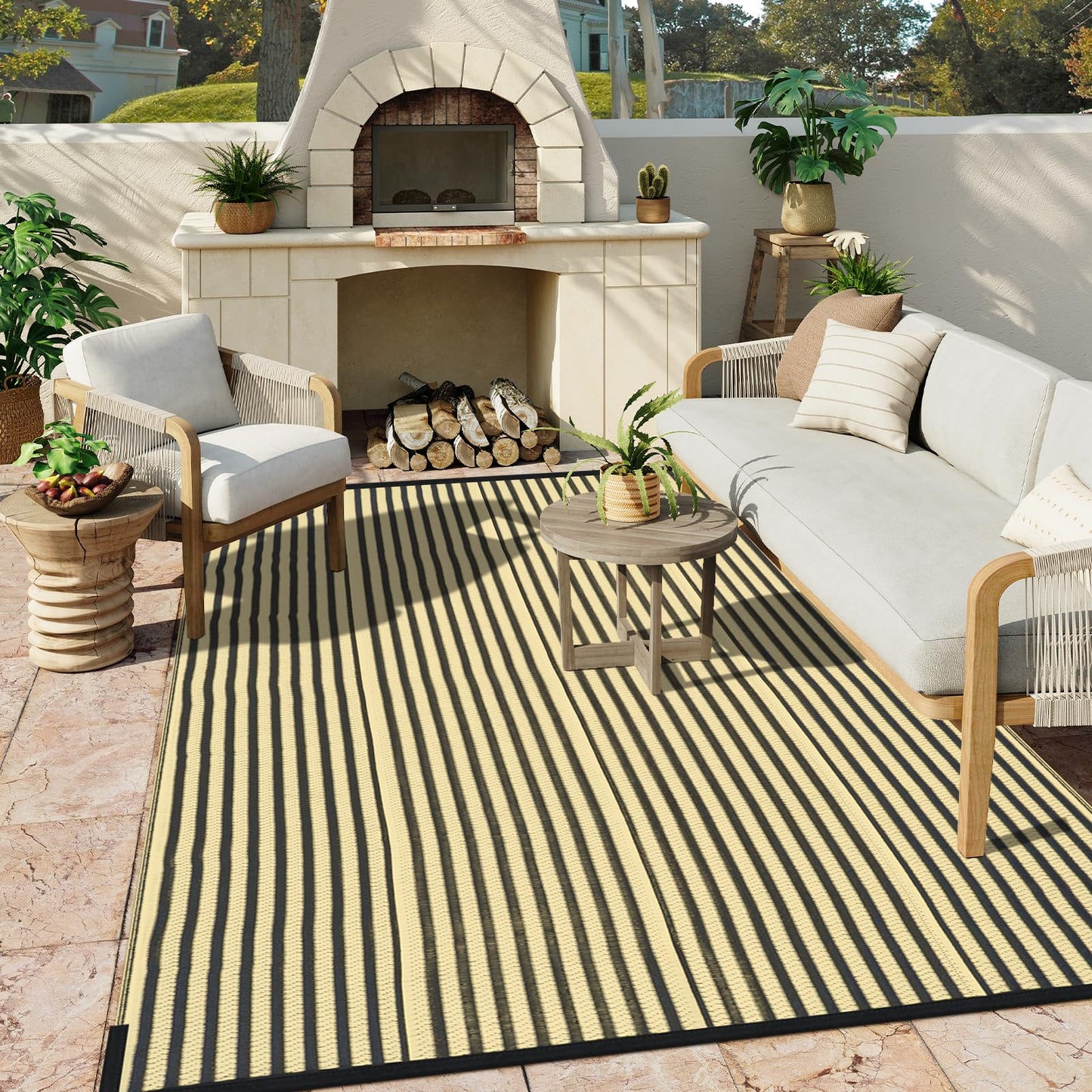 LEEVAN Waterproof Outdoor Rug 6x9 Patio Rug Clearance Black and Tan Plastic Straw Area Rug for Backyard Striped Camping Outside Mat for Picnic, RV, Deck, Bench, Balcony