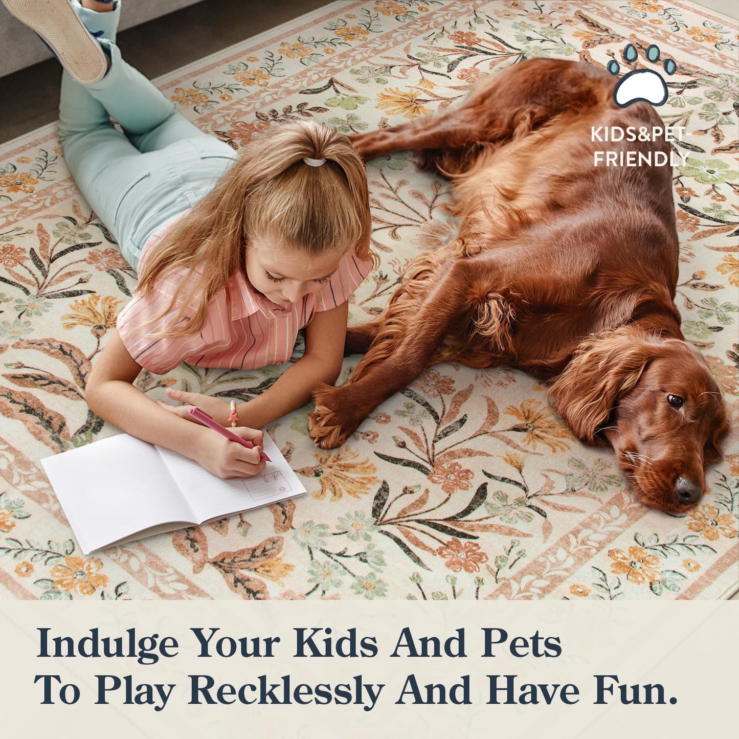 Lahome Sylvie Boho Nursery Living Room Rug, Washable Area Rugs 5x7 for Classroom Kids Room, Soft Floral Thin Carpet for Dorm Apartment Bedroom Decor, Ochre Fall