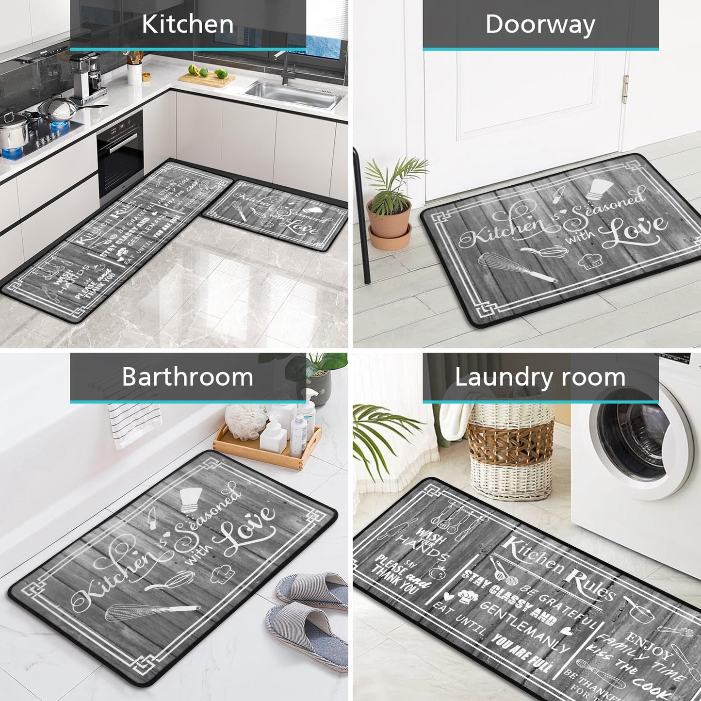 Kitchen Rug Sets of 2 Piece Non Slip Kitchen Rugs and Mats Washable Kitchen Mats for Floor Kitchen Carpet Runner Rugs Decor for Laundry Bathroom Living Room,Grey Kitchen Rules 20"x 59"+20"x 32"
