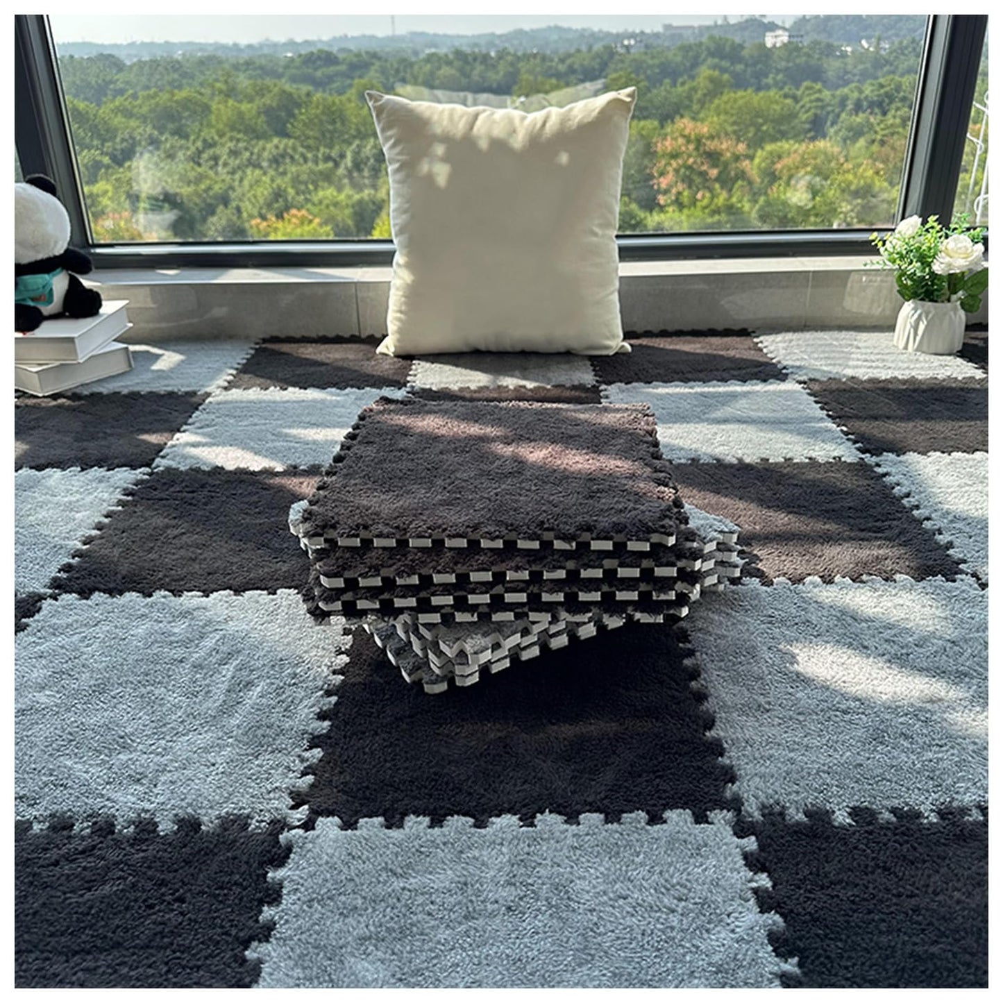 24Pcs Plush Foam Floor Mat Square Interlocking Carpet Tiles 12X12 Inch Puzzle Piece Carpet Squares Thick Fluffy Foam Floor Tiles Carpet for Parlor Bedroom (Black+Lightbrown)