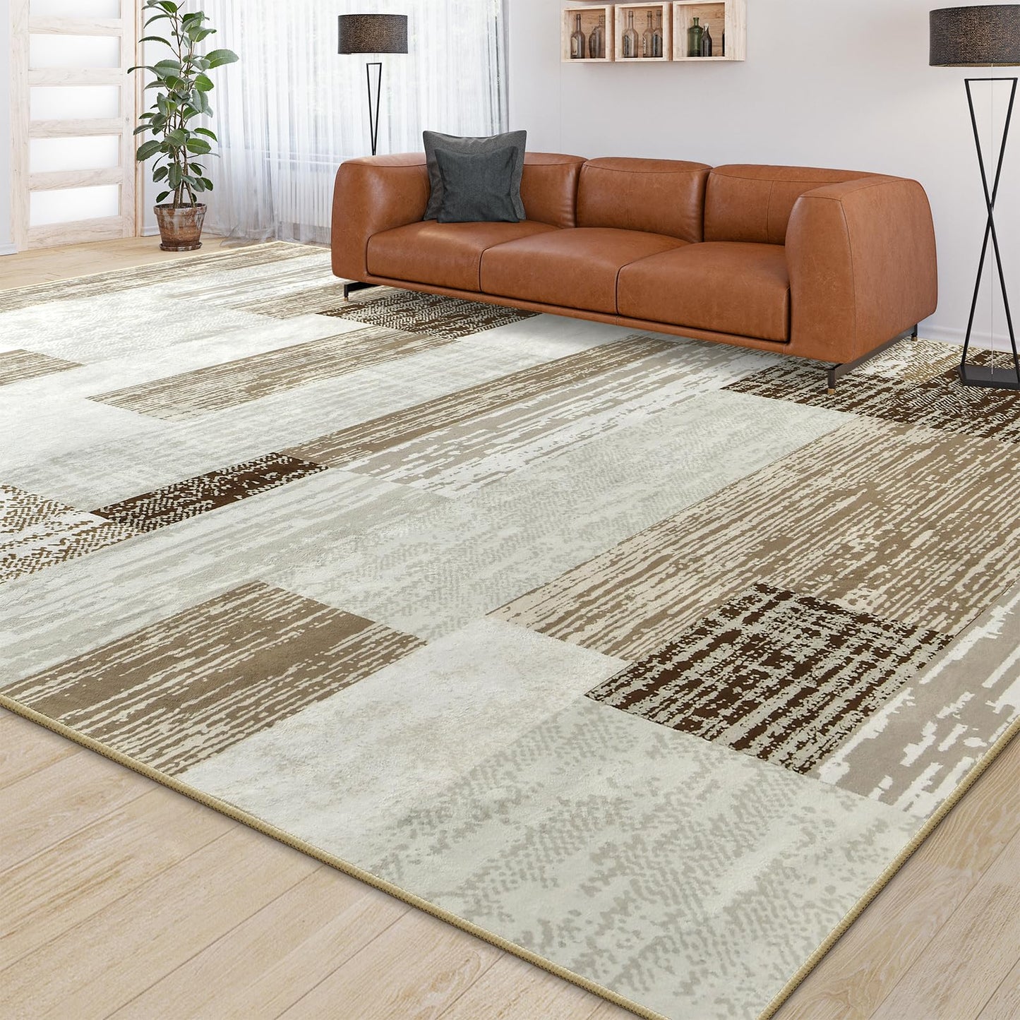 Large Area Rugs,Modern Geometric Patchwork Floor Decor for Bedroom Aesthetic Carpet, Rockwood Collection, Indoor Rugs for Living Room, Dining Room, Nursery, Office, Machine Washable Rug,4x6 Ft Beige