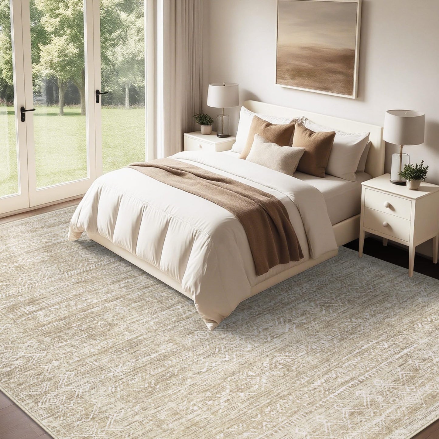 Washable Rug 8x10 Area Rugs: Modern Geometric Rugs for Living Room Non Slip Soft Low Pile Moroccan Indoor Carpet for Bedroom Nursery Dining Room Home Office Children's Room (Beige, 8'x10')