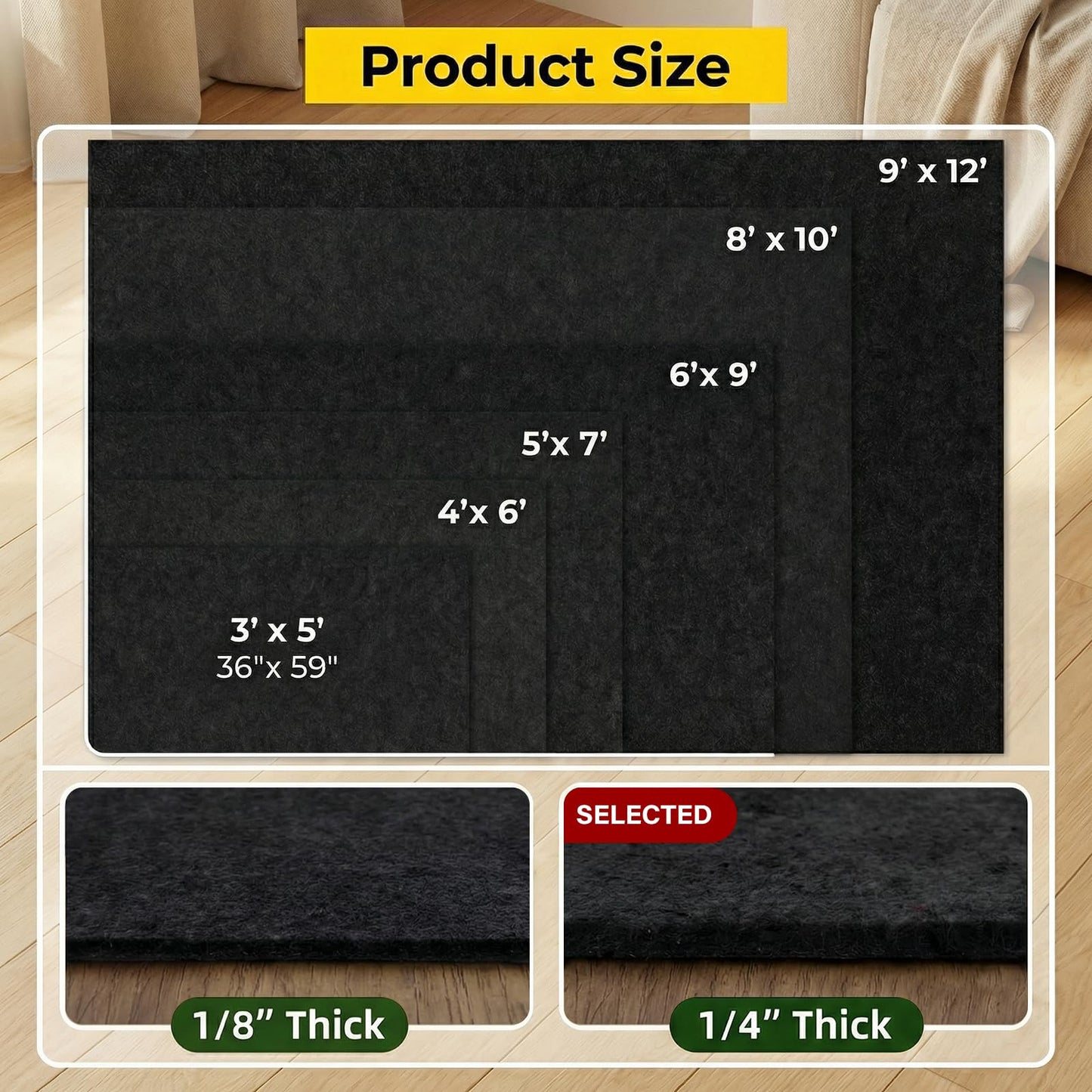 AHEONLAR Non-Slip Rug Pads, Waterproof Extra Large Area Rugs Pad 4'x6' Non Skid Felt Pads Rugs for Living Room, 1/4 inch Thick Carpet Padding Protector Mat Floor Mat