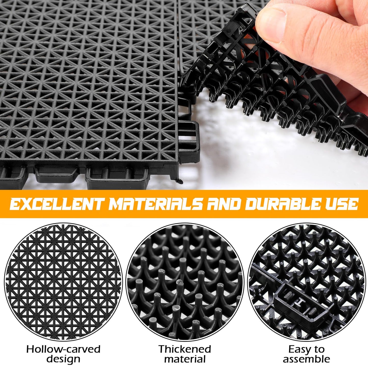 Huwena 100 Pack Rubber Floor Tiles Interlocking Tiles Drainage Mat 10" x 10" Rubber Deck Non Slip Modular Interlocking Cushion Pool Deck Mat for Garage Patio Greenhouse Outdoor Indoor Black