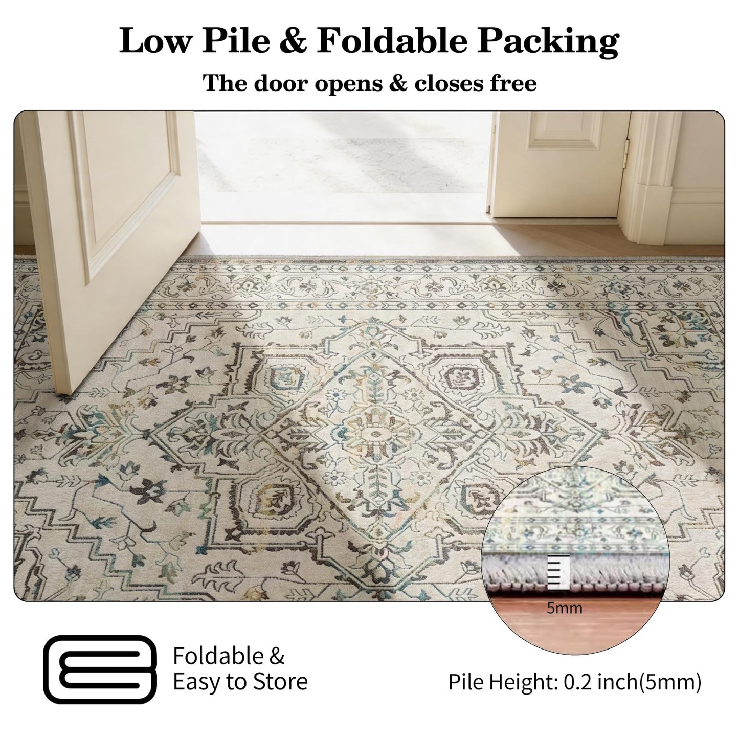 Vintage Washable Area Rug 8x10, Non-Slip Low-Pile Farmhouse Persian Carpet for Living Room Dining Room Bedroom, Stain Resistant Traditional Indoor Rug, Neutral Cream Blue