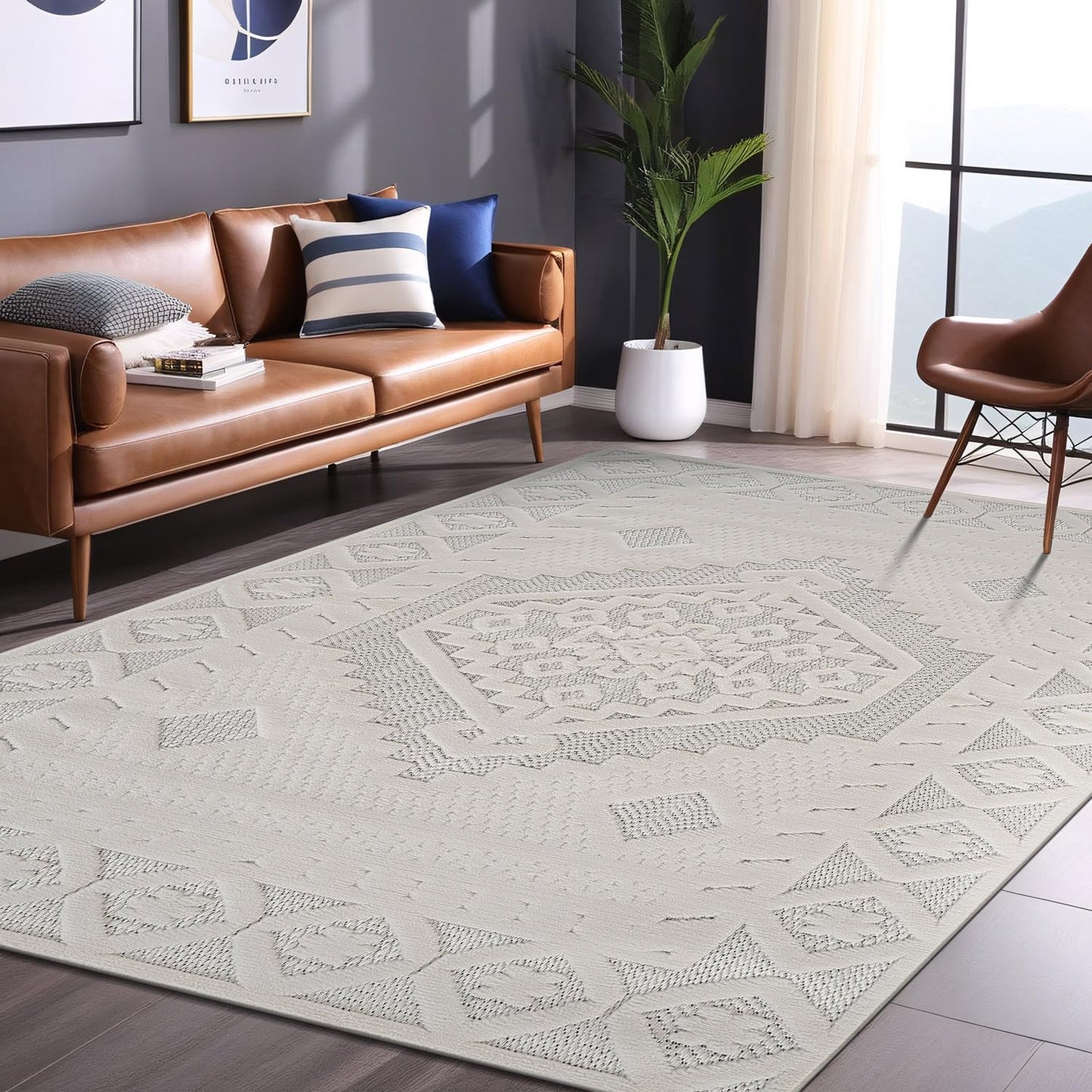 Luul Home Modern Micro Loop Indoor Area Rugs for Living Room Bedroom Kitchen Geometric Trellis White 6x9 Luxury Durable Low and High Pile Non-Shedding Stain Resistant Soft Area Carpet 6 x 9