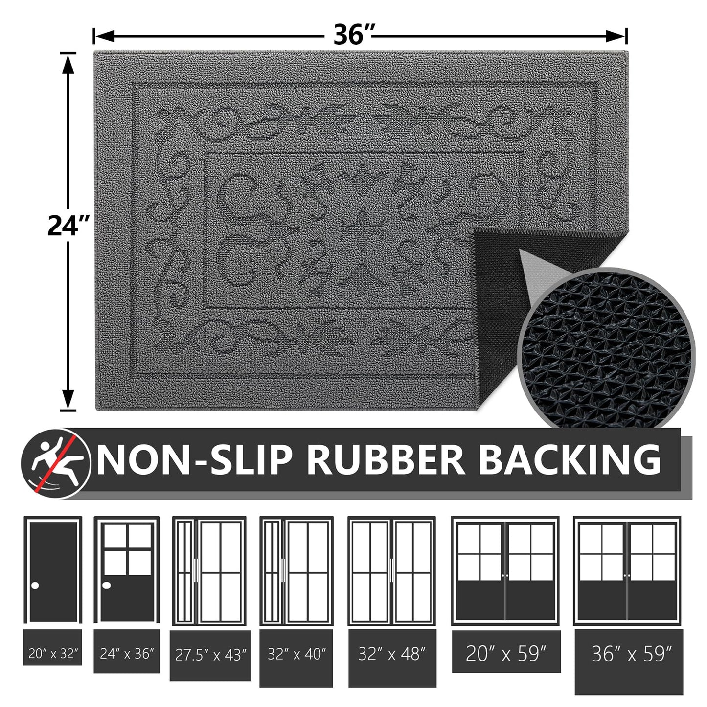 FONEYI Indoor Door Mat for Entryway 24" x 36", Absorbent Dirt Trapper Doormat with Non-Slip Backing, Low Profile Washable Entry Rug for Front Door, Muddy Shoes & Dog Paws, Grey