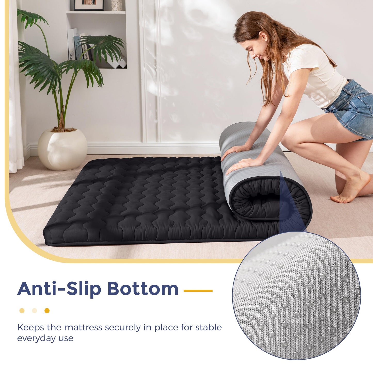 MAXYOYO Japanese Floor Futon Mattress Twin Size, 3" Thicken Tatami Sleeping Pad Foldable Roll Up Mattress, Portable Floor Mattress Pad for Adults, Guest Room, Camping, Black