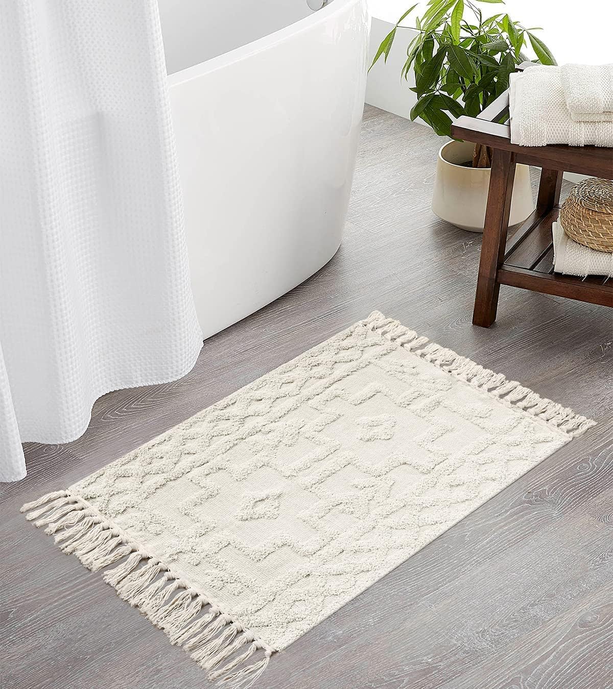 Uphome Boho Bathroom Rug 2' x 3', Washable Small Farmhouse Bedroom Rugs with Tassels, Beige Geometric Bath Mats for Home Decor, Cotton Woven Moroccan Tufted Throw Rug for Entryway Front Door Kitchen