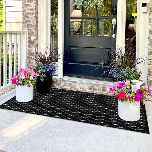 Bazasa Front Porch Rug Black Boho Outdoor Rug 23.6" x 51.2" Door Mat Cotton Hand Woven Rug for Front Porch Decor Reversible Washable Welcome Layered Doormat for Farmhouse Entryway Kitchen Patio
