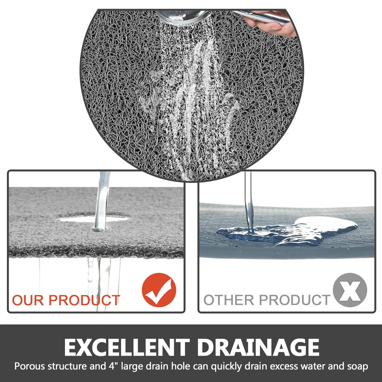 Square Shower Mat Non Slip: 36 x 36 Inch Extra Large Loofah Shower Mats for Inside Shower - Anti Slip Shower Stall Matt with Drain Hole in Middle
