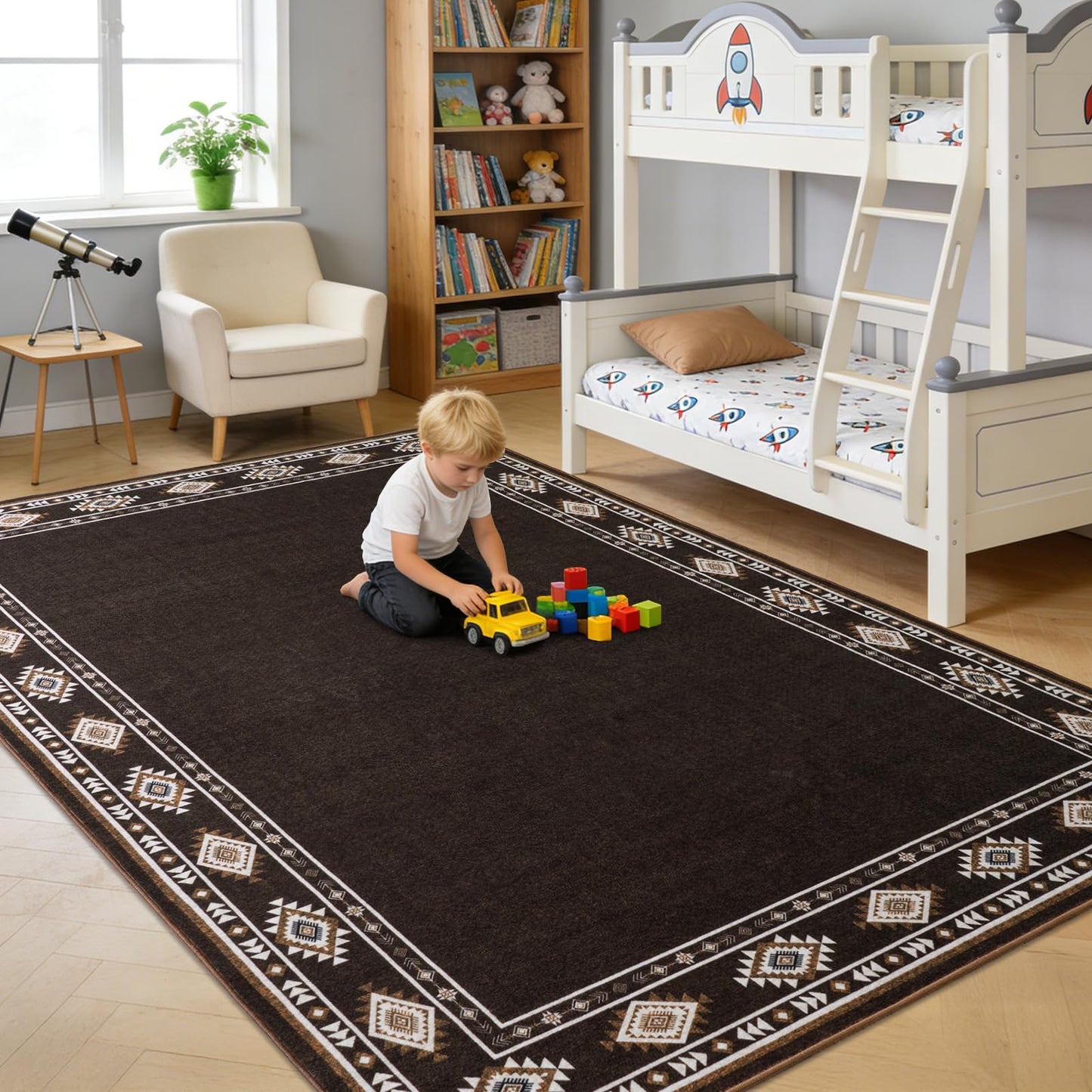QDUIDU Large Area Rug for Bedroom Living Room, 4x6 Feet Ultra Soft Brown Rugs Washable Modern Geometric Bordered Non Slip Low Pile Carpets Home Decor
