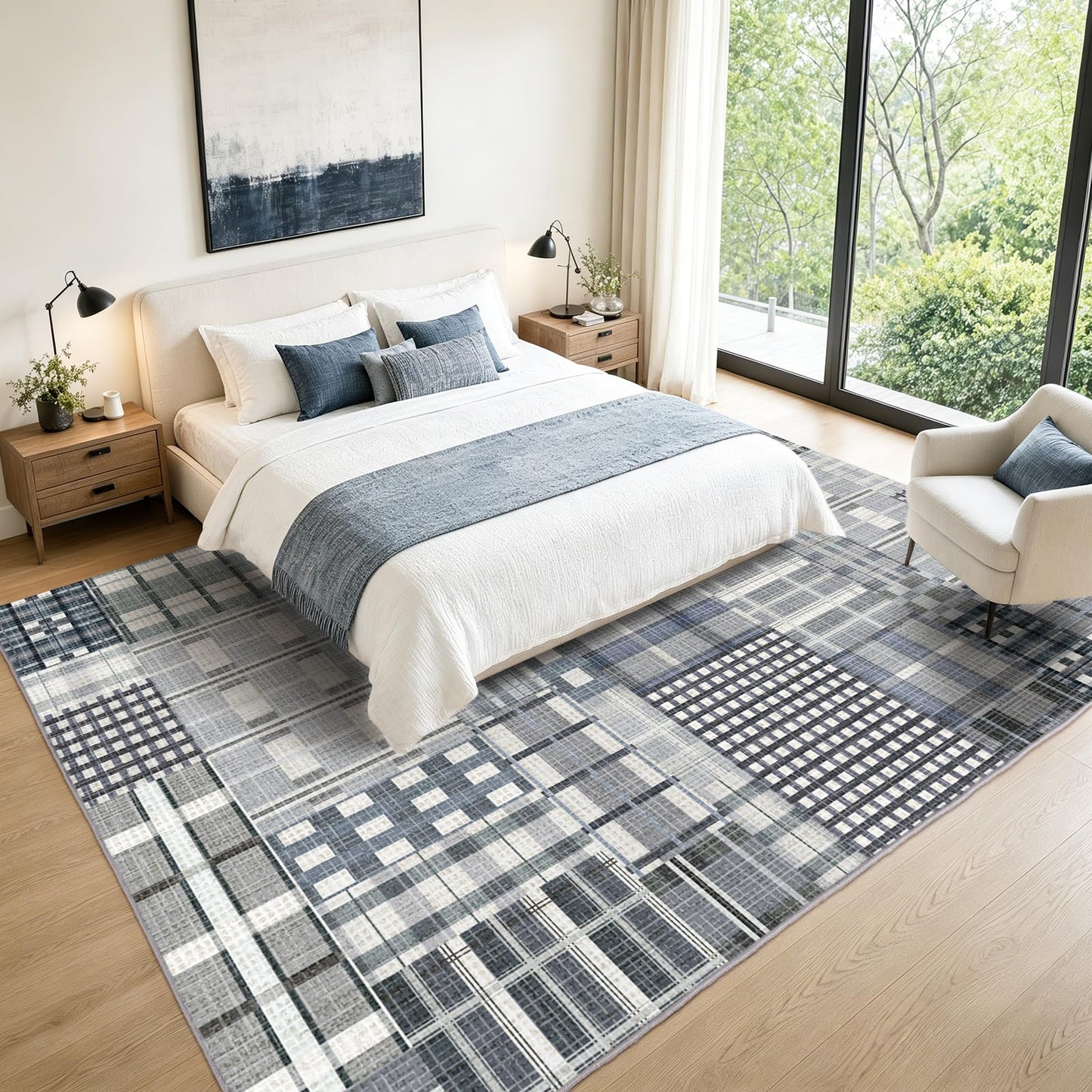 Rezutan Modern Geometric Plaid Distress Indoor Area Rug for Living Room, Blue Gray 5X 7 FT Large Rug Hardwood Floors Decor for Bedroom, Checkered Throw Carpet for Office Entryway Dining Room