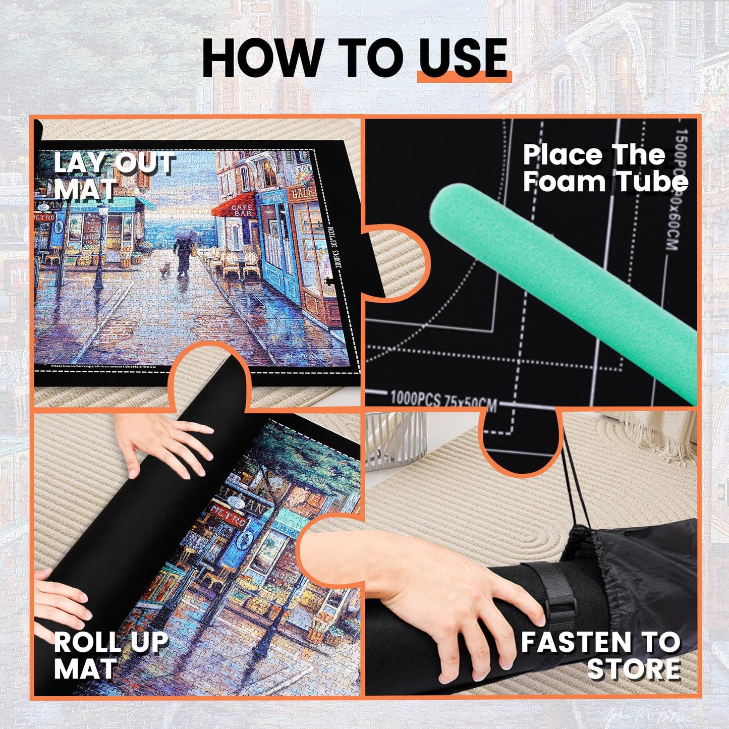 Jigsaw Puzzle Mat Roll Up - 1500 1000 500 Pieces Puzzel Matte, Black Roll-Up Puzzles Mats Felt Save Trays for Sorting Table Board Clear Sheets, Frame Keeper Storage Accessories for Adults