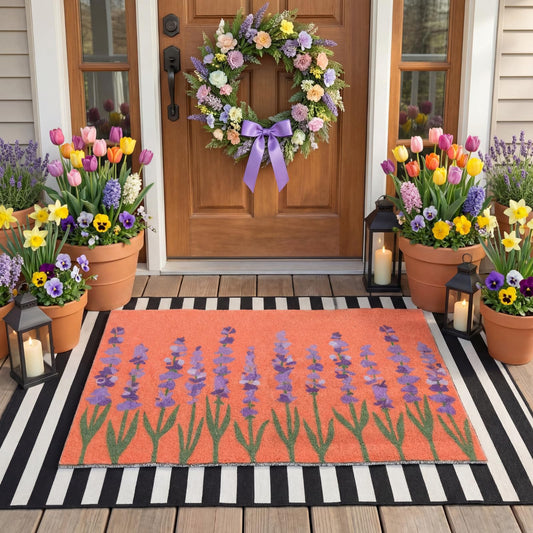 Klyyo Clyro 2 Pcs Door Mat Outside Entrance 24 x 32'' Lavender Floral Door Mat Outside and 32 x 43'' Black and White Striped Rug Non Slip Large Floor Layering Doormat for Front Porch Entryway Decor
