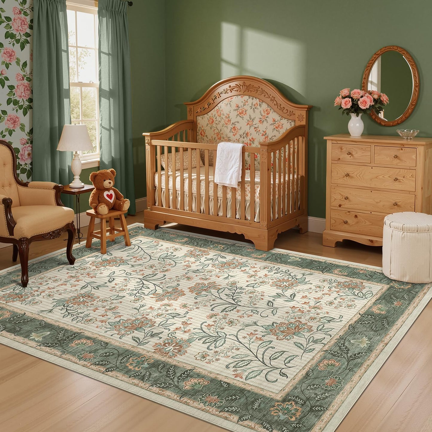 GarveeHome 5x7 Area Rug Sage Green Washable Rugs for Living Room Bedroom, Soft Low Pile Non Slip French Country Floor Mat Botanical Floral Print Throw Rug Indoor Carpet Dining Room Playroom