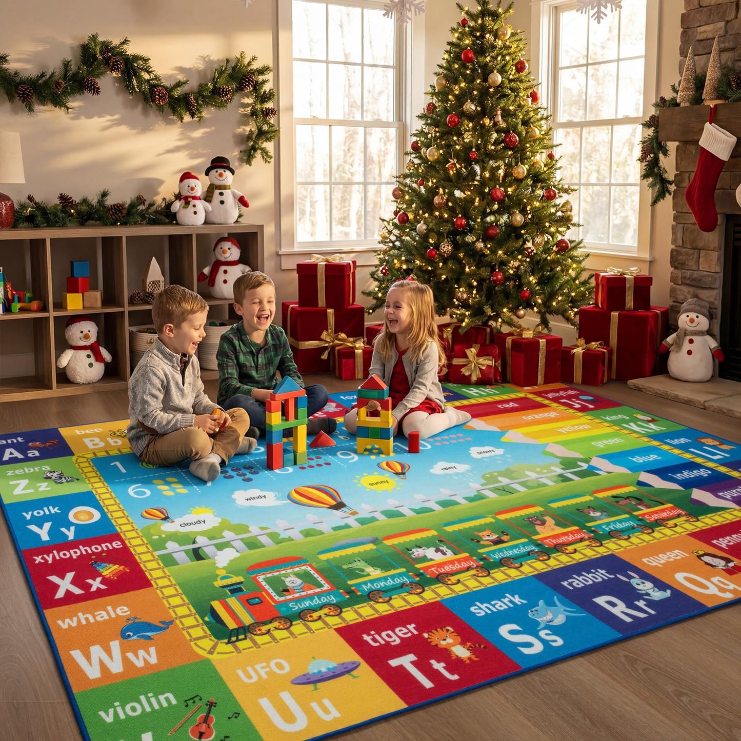 Unirea 4x6 Kids Rug for Playroom Bedroom Living Room, Washable Educational Play Mat with ABC Alphabet, Numbers, Animals for Classroom, Nursery, Colorful Learning Carpet for Toddlers, Rainbow