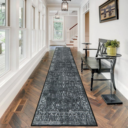 Morebes Black Vintage Carpet Runners for Hallway 12ft,Washable Long Runner Rug for Kitchen Indoor Floor Non-Slip,Distressed Super Soft Throw Carpet for Entryway Bathroom Dining Room Playroom