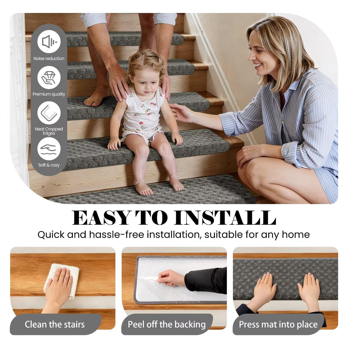 DEXDE Bullnose Carpet Stair Treads Non Slip for Wooden Steps Indoor, 30" x 9.5" x 1.7" (14 Pack) Grey - Peel and Stick Stair Runner Rugs with Edge Protection, Washable & Reusable Pet Friendly Mats