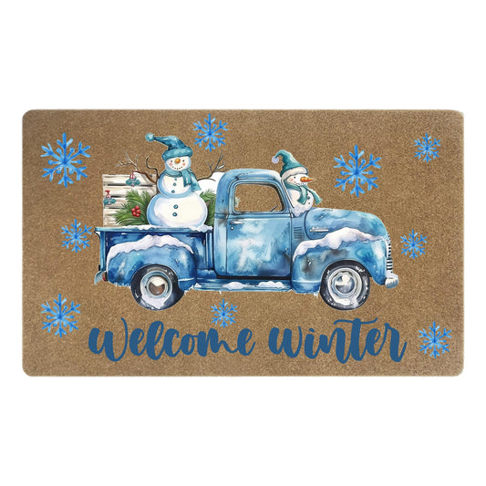 CUANFDDSF Winter Christmas Faux Coir Door Mats Outdoor, Winter Snowman Snowflake Door Mat for Home Outside Entryway, Blue Truck Christmas Welcome Doormat for Indoor Outdoor Porch Entrance, 17x30 Inch