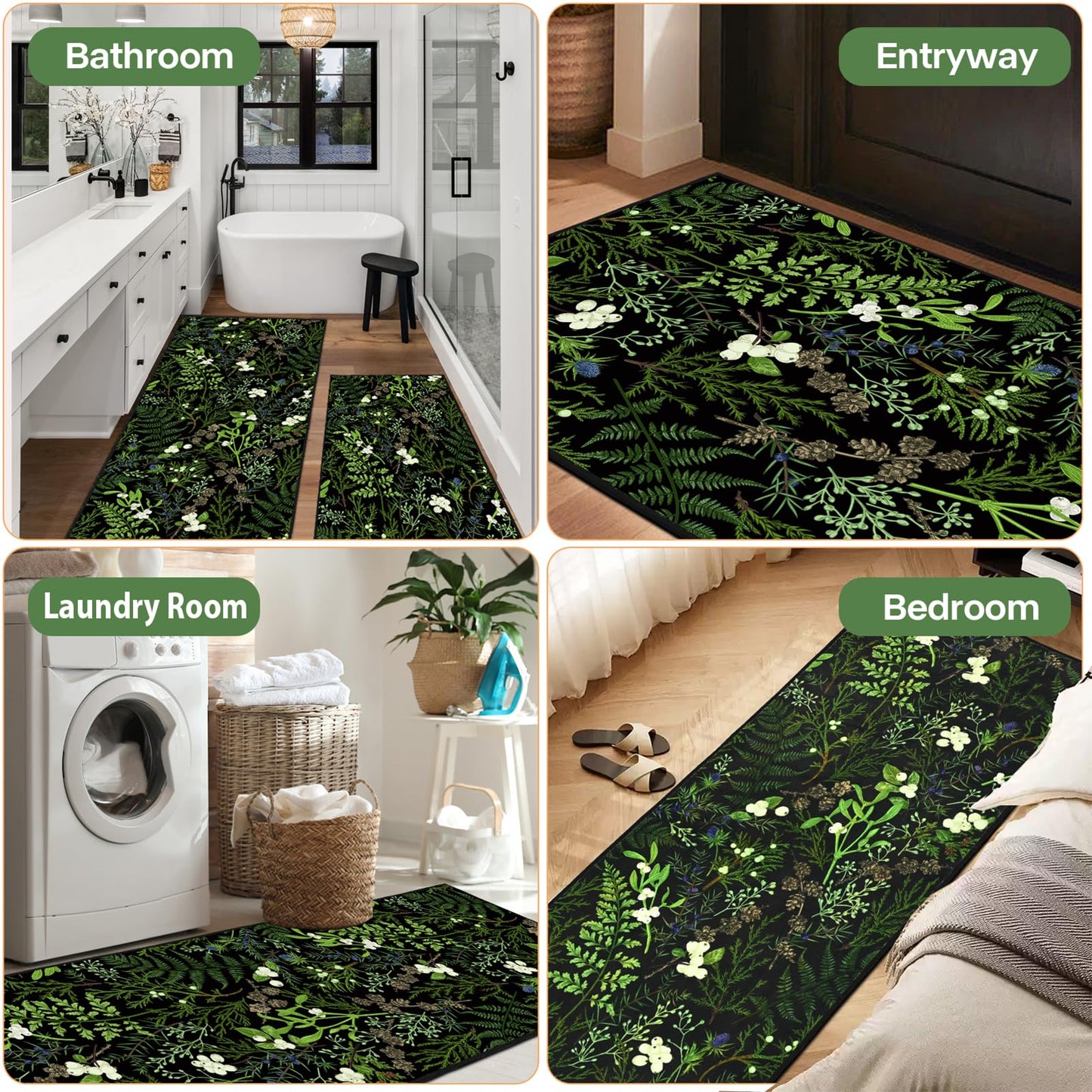 PCSWEET HOME Black Botanical Kitchen Rug Sets 3 Piece, Washable Kitchen Mats for Floor Non Slip Durable Kitchen Floor Mat Carpet Runner Rugs for Hallway Laundry Room