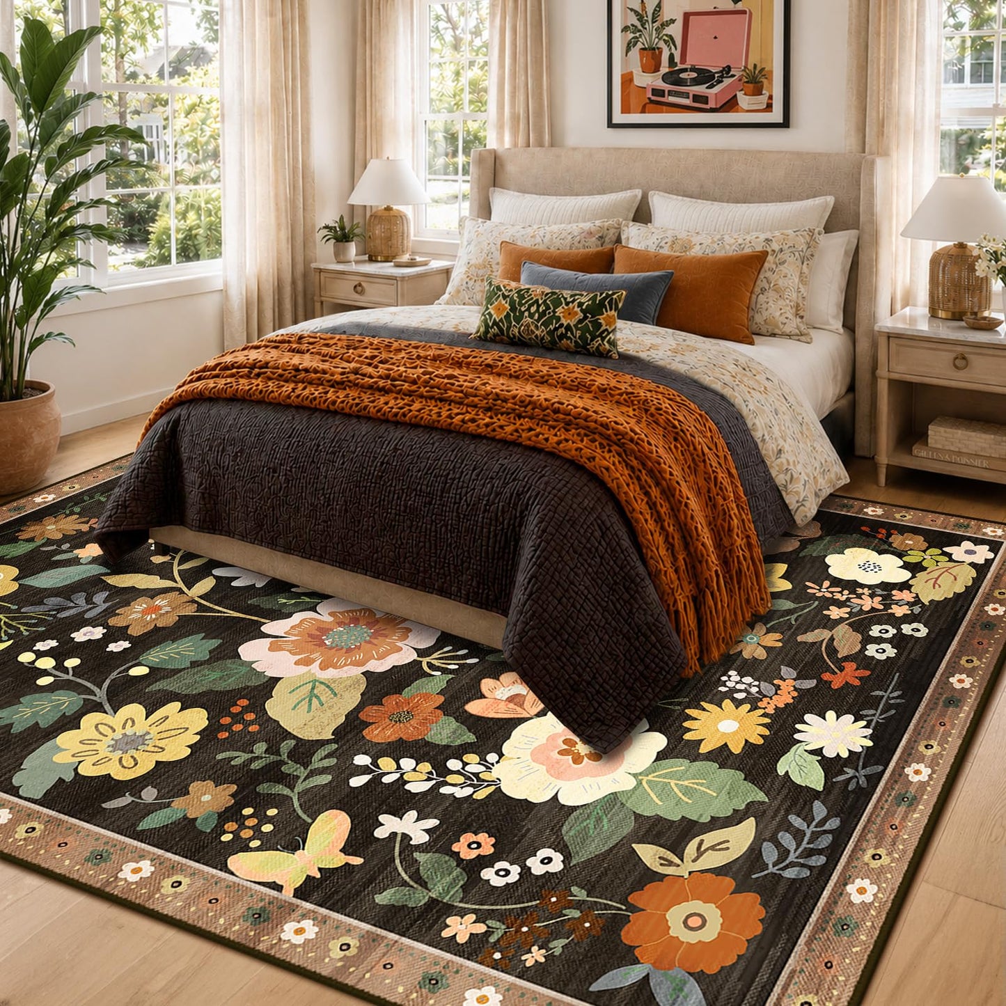 RELEANY Floral 6x9 Area Rugs Washable Print Boho Cute Carpet Non Slip Flower Low Pile for Living Room Bedroom Kitchen Office Farmhouse-Black/Yellow/Red
