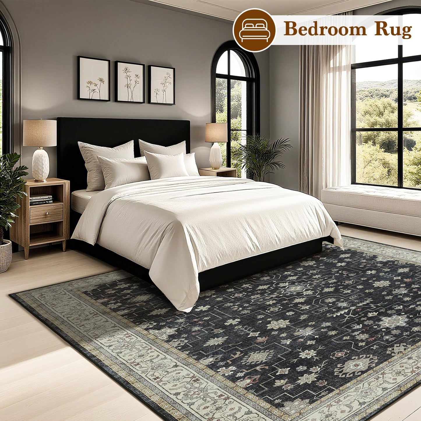 LBRO2M Black Washable Rugs 8X10 for Living Room Bedroom Office Farmhouse Non Slip Vintage Area Rugs Easy Clean, Stain Resistant Carpet Low Piles Great for Pets and Family (8'X10' Charcoal Black)