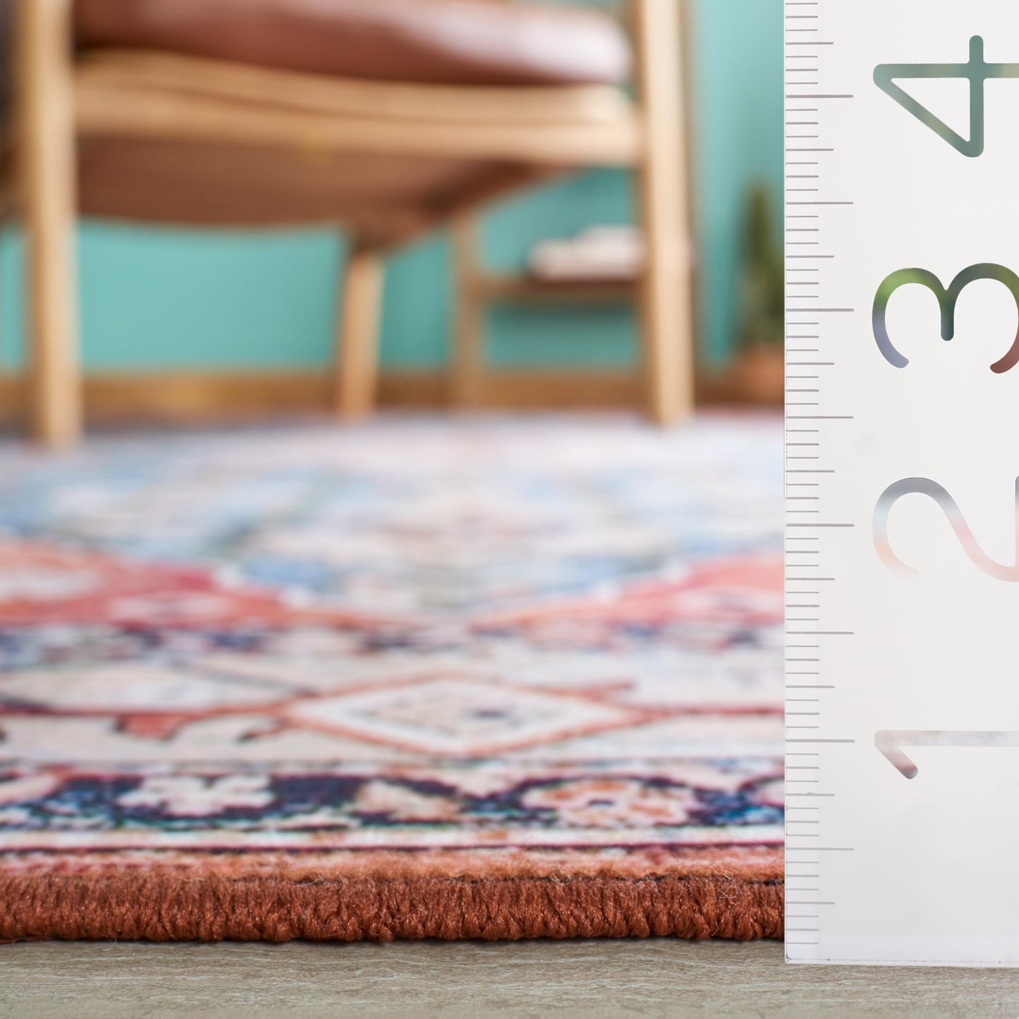 SAFAVIEH Washable Rug Tucson Collection - 5' Square, Beige & Blue, Slip Resistant & Easy to Clean, Ideal for Living Room, Bedroom, Dining Space (TSN104B)