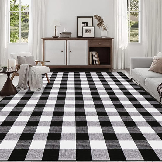 YINMEIJU Buffalo Plaid Rug 5.5'x7.5'Black and White Area Rug,Washable Cotton Woven Indoor/Outdoor Rug for Farmhouse/Dining Room/Bedroom/Living Room Rug Retro Lattice Checkered Carpet