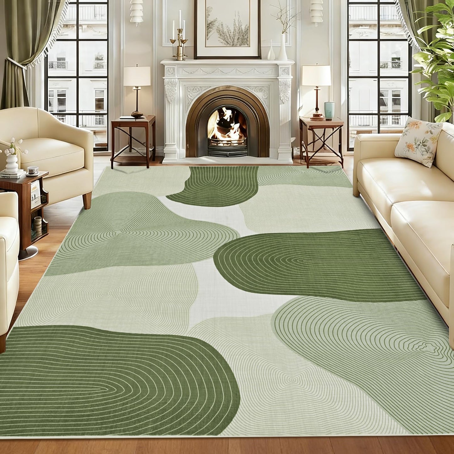 Yinhua Abstract Area Rug 5x7, Green Living Room Rug Washable Modern Rugs Non Slip, Soft Area Rugs Low Pile, Faux Wool Carpet for Bedroom, Dining Room, Green