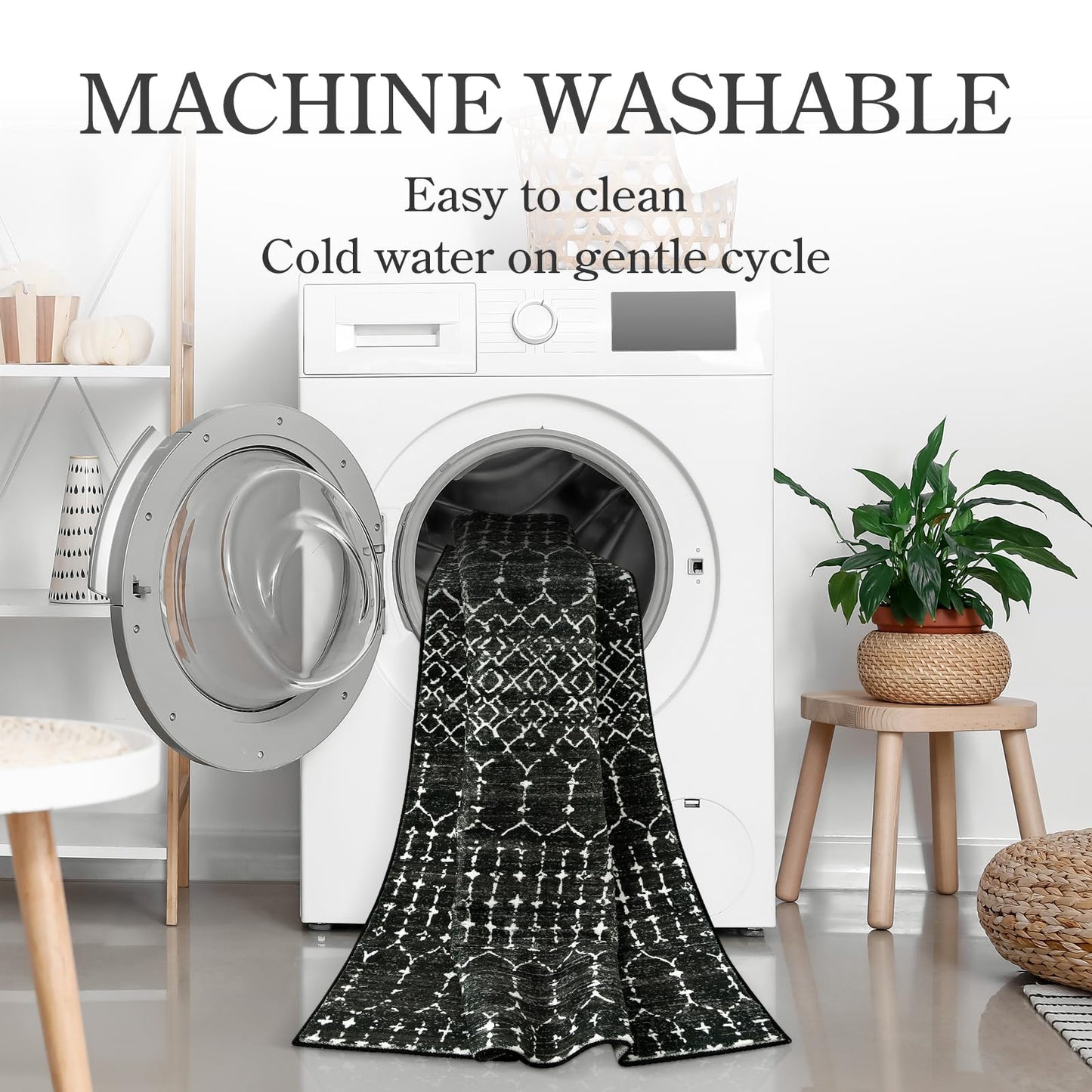 Lahome Moroccan Black Long Runner Washable Hallway Rug, Ultra-Thin Non Slip Kitchen Runner, Soft Modern Print Indoor Floor Carpet for Entryway Stair (Black, 2'5''x12'') Hana