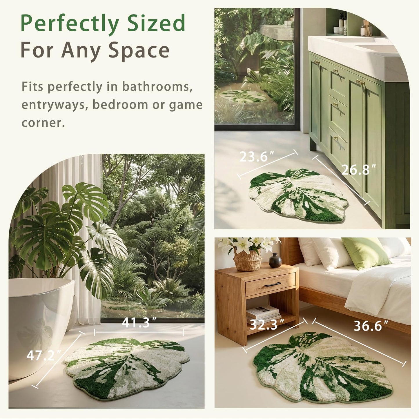 VivaNest Luxury Sage Green Leaf Bathroom Mat Monstera, 32.3"x36.6" Extra Soft, Absorbent Washable Tufted Bath Rug, Non-Slip TPR Backing, Plush Shaggy Bath Carpet for Floor, Bathtub