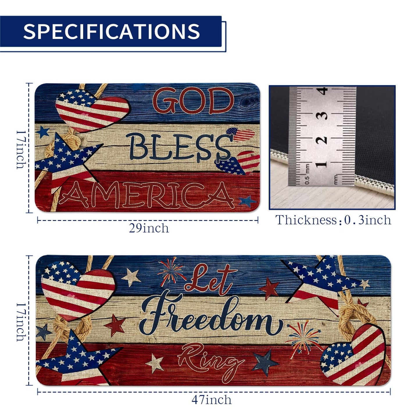 Nmxomug 4th of July Kitchen Rugs Set, Independence Day Kitchen Mats for Floor, 250th Anniversary Kitchen Decor, Holiday Decorations for Home, 17x30 Inch Door Mat + 17x47 Inch Runner Rug