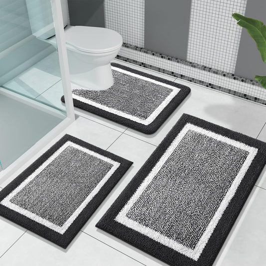OLANLY Bathroom Rugs Sets 3 Piece, Soft Absorbent Microfiber Bath Mats and U-Shaped Contour Toilet Rug, Non-Slip, Home Decor Accessories, Bath Mat Set for Bathroom (30"x20"+24"x16"+24"x20", Black)