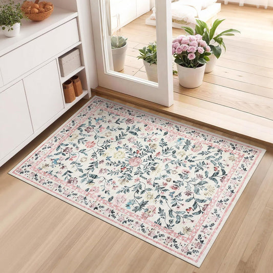 GarveeHome 2x3 Floral Rugs for Entryway, Non-Slip Soft Vintage Throw Door Mat, Low Pile Foldable Farmhouse Carpet, Non-Shedding Indoor Washable Small Rug for Bedroom Kitchen, Pink