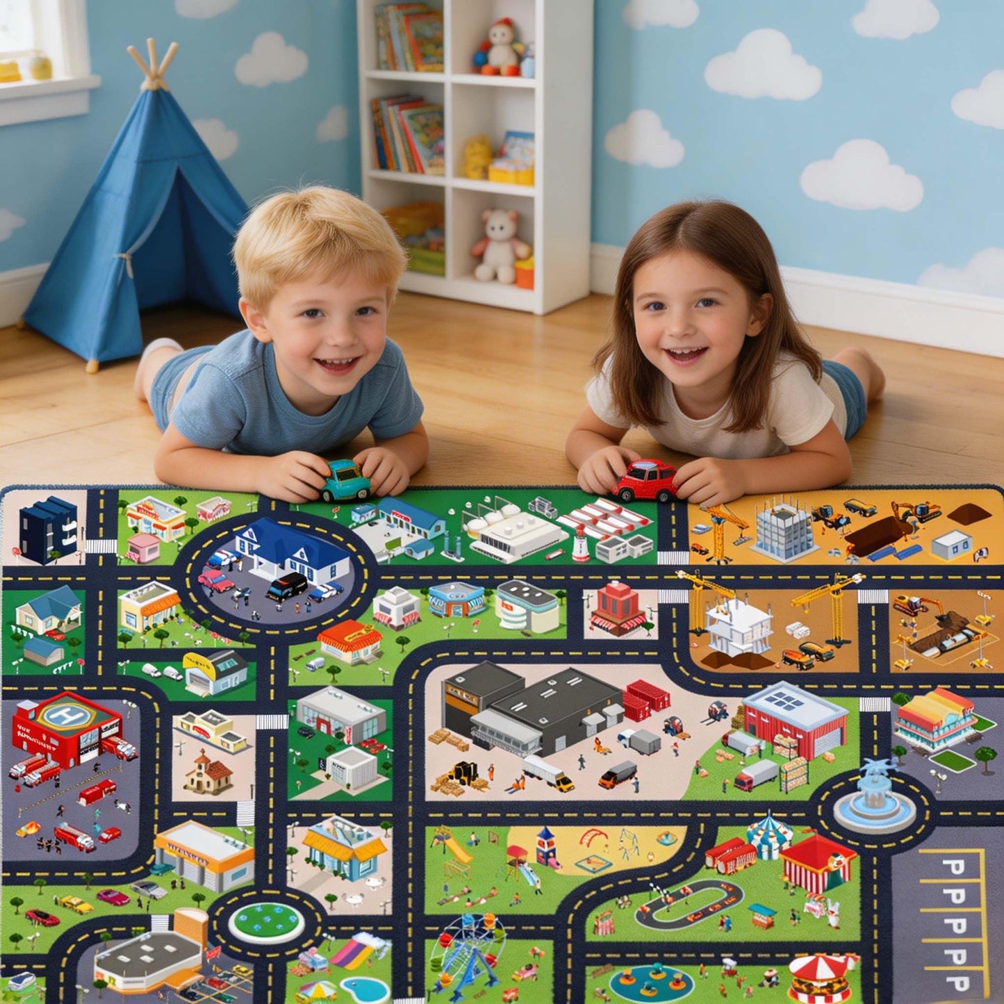 Pyrrhite Kids Rug Playroom Car Play Mat City Life Road Rug for Cars Fun City Map for Track Toys, Carpet for Bedroom Boys (City, 31×47in)