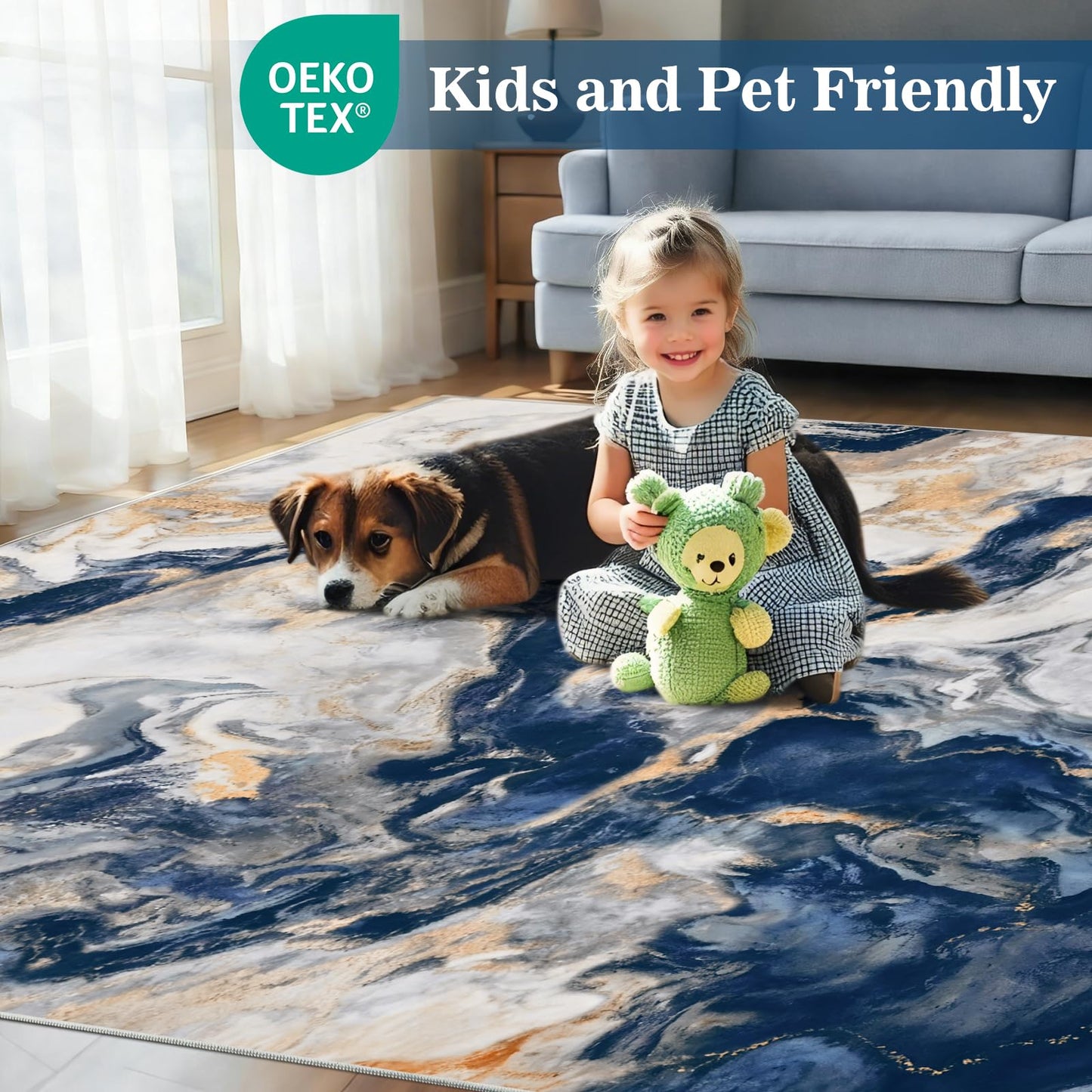 Yinhua Marble Area Rug 6x9, Modern Washable Rug Non Slip, Soft Faux Wool Abstract Rugs Non Shedding, Low Pile Living Room Rugs Pet Friendly, Blue and Gold Carpet for Bedroom Nursery Office