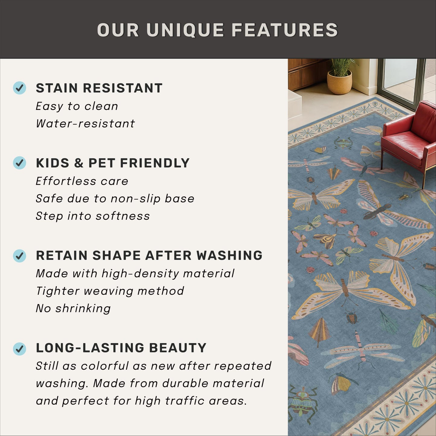 Washable 4x6 Small Rug for Living Room, Area Rug for Kitchen, Bedside, Large Entryway Indoor - Stain Resistant Non Slip with Rubber Backing, Insect Print Aethestic Décor, Light Blue & Aqua