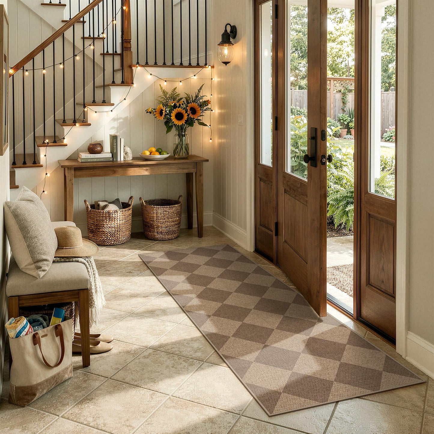 Lahome Colette Checkered Easy Jute Runner Rug, 2x6 Kitchen Mats for Floor Non Slip Washable Entryway Runner, Checkerboard Nature Indoor Outdoor Carpet for Hallway 6ft Entry