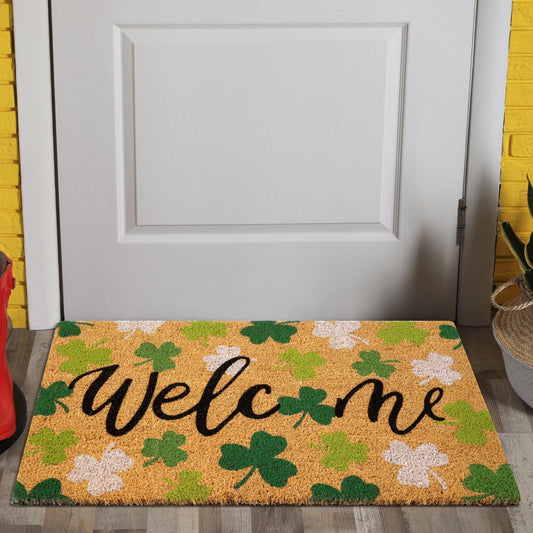 Shemilly St. Patrick's Day Natural Coir Doormat Green White Shamrock Pattern Welcome Floor Mat Non-Slip Lucky Clover Entrance Door Rugs for Indoor Outdoor Home Decor Gift,16.5x29 Inch