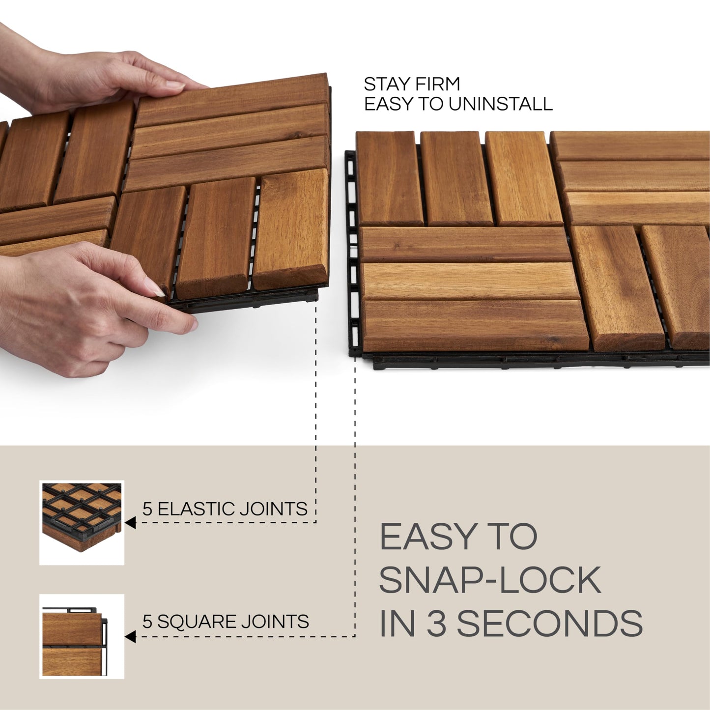THYOI Premium Deck Tiles, Patio Flooring - Set 10 Pcs 12”x12”x0.9” Interlocking Deck Tiles, Waterproof Acacia Wood for Balcony, Backyard, Indoor & Outdoor (Golden Teak, Crossed Pattern, Square Joints)