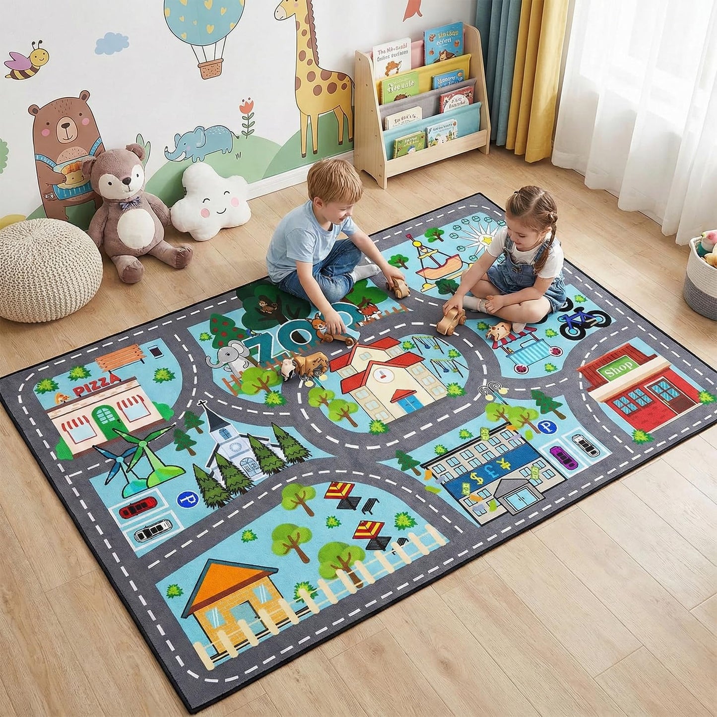 Car Rug Play Mat - Road Rug for Kids Boys Room, Fun Race Track Traffic Road Carpet for Boys Playmat Educational Learn, Car Carpet for Kids Room Decor Playmat Bedroom Playroom, 2.5x4 Feet