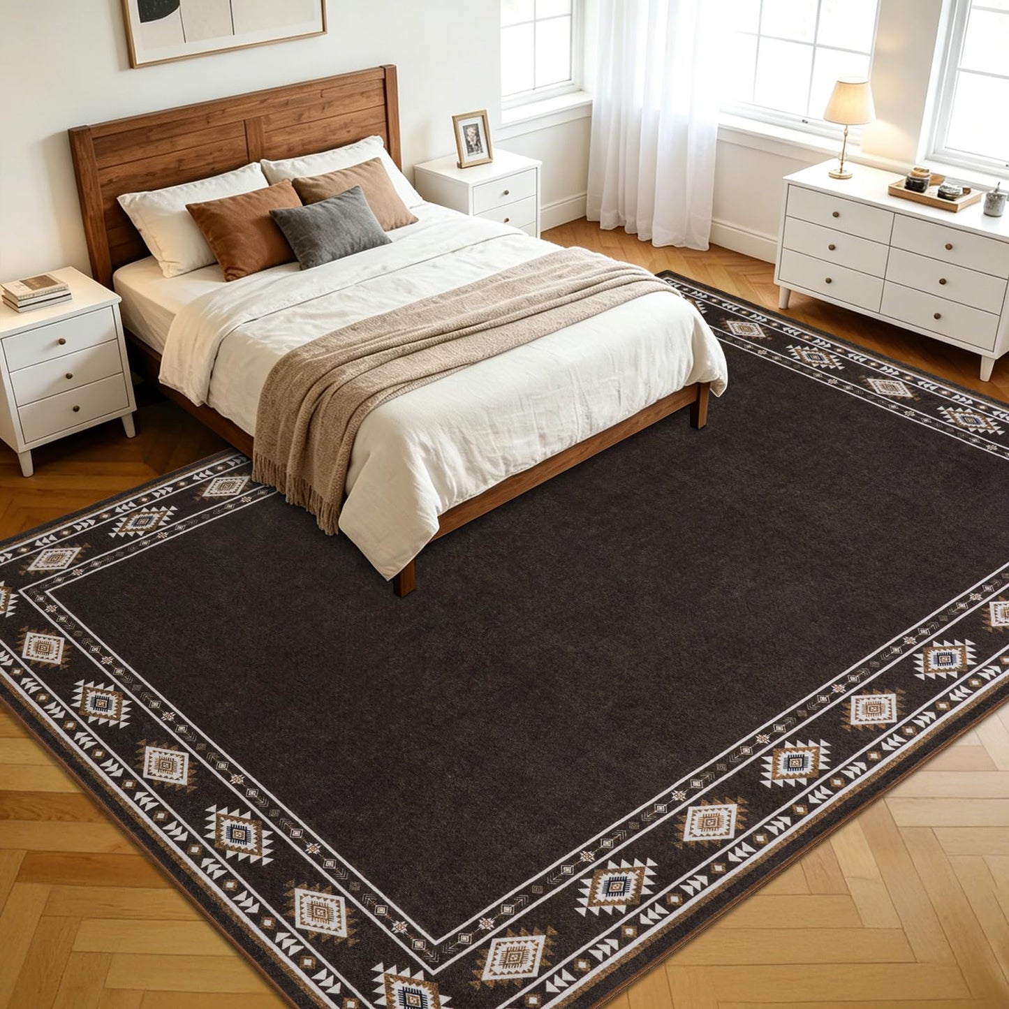 QDUIDU Large Area Rug for Bedroom Living Room, 4x6 Feet Ultra Soft Brown Rugs Washable Modern Geometric Bordered Non Slip Low Pile Carpets Home Decor