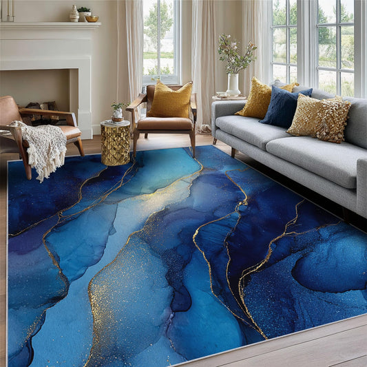 Blue Marble Rugs for Living Room, Modern Abstract Home Decor Indoor Carpet for Bedroom, Washable Marble Area Rugs 3x5 ft, Non-Slip Backing & S504
