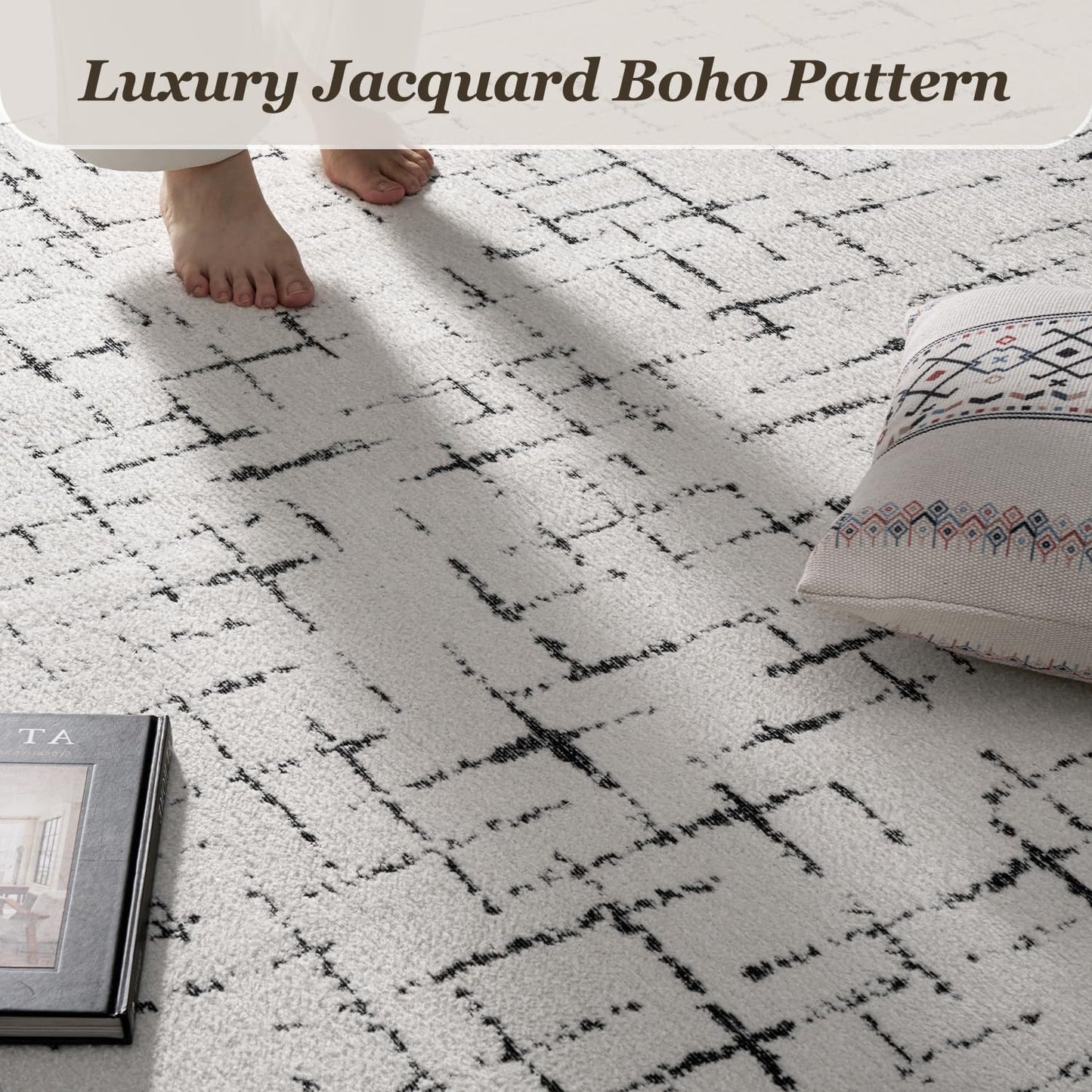 Engiw-Neutral 5x7 Area Rug for Living Room Rug-Carpet Bedroom Rugs Textured Tufted Jacquard Modern Washable Rug for Dining Room Nursery Non Slip-Black and White