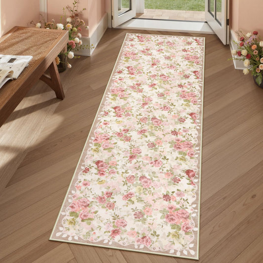 Lahome Floral Runners for Hallways Non Slip, 2x6 Washable Kitchen Runner Rug, Soft Boho Throw Carpet for Girls Bedside Bedroom Laundry Bathroom Nina Beige/Pink/Multi
