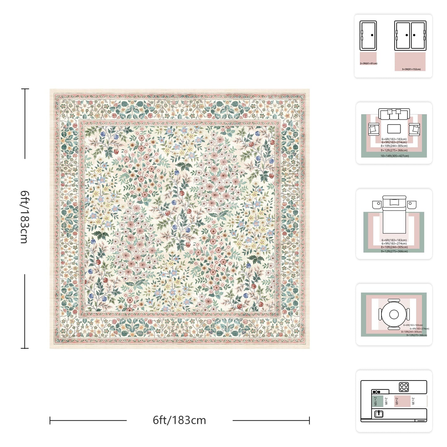 Yarooge 6x6 Square Area Rugs, Machine Washable Low Pile Floral Rugs for Living Room, Bedroom, Large Boho Area Rug with Non-Slip Backing for Dining Room(Pink Floral)