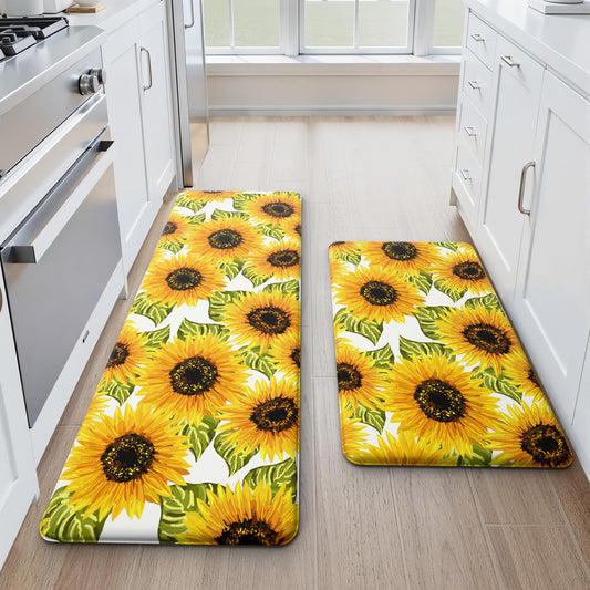 MAYHMYO Sunflower Kitchen Mat Set of 2 - Anti Fatigue Mats for Kitchen Floor - Non Slip Cushioned Rugs for Standing - Sunflower Decor (17.3"×29"+17.3"×47"-0.4")
