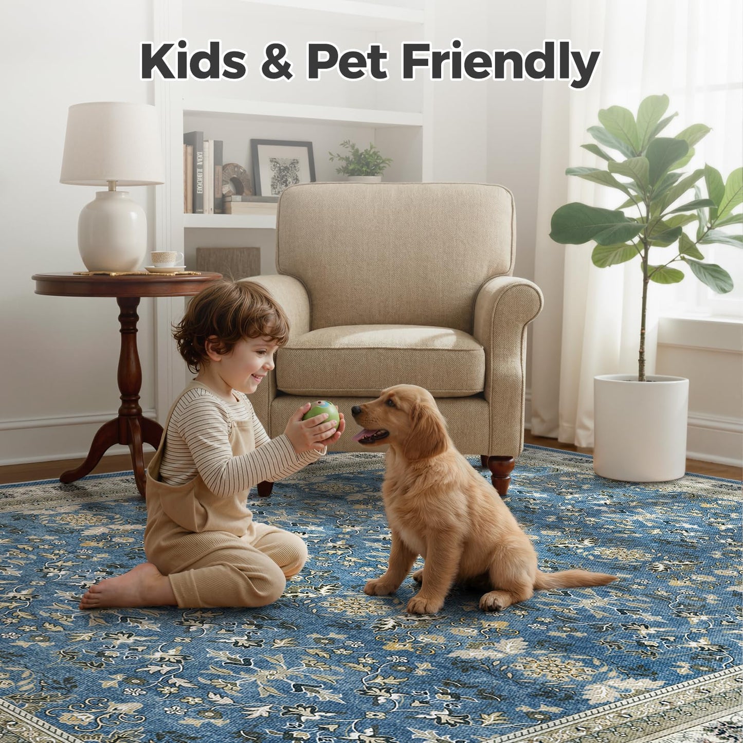 WITSHOCK Living Room Rug 8x10: Vintage Distressed Oushak Boho Farmhouse Retro Antique, Dining Room Rugs for Under Table, Bedroom Nursery Playroom, Ultra Soft Non-Slip Washable Stain Resistance, Blue