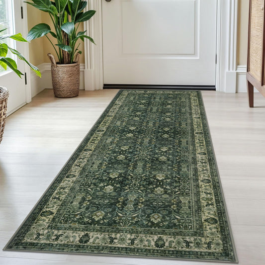 SIILOOM 2x5 Washable Rug Dark Green Small Area Rug for Entryway, Soft Non-Slip Indoor Door Mat Tribal Floral Low-Pile Kitchen Rugs, Vintage Tribal Carpet for Entrance Kitchen Bedside